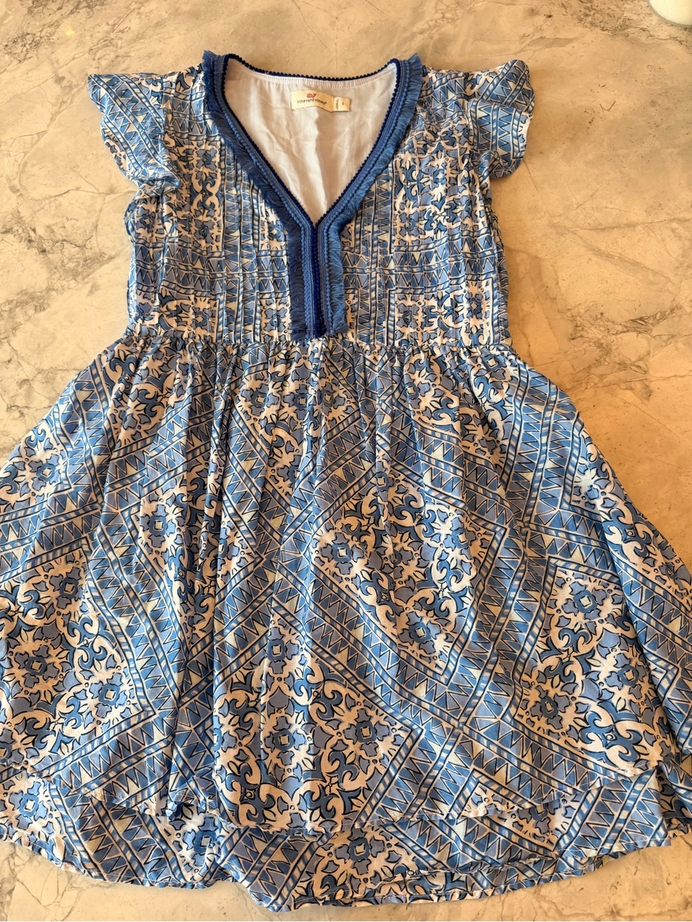 Vineyard Vines darling Blue Printed Women’s Dress with Crochet Trim